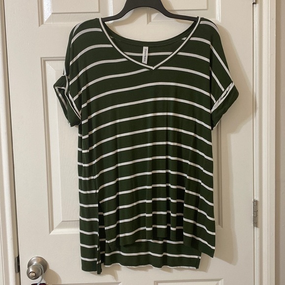 Zenana Outfitters Tops - Green & white horizontal striped v neck tunic with rolled short sleeves